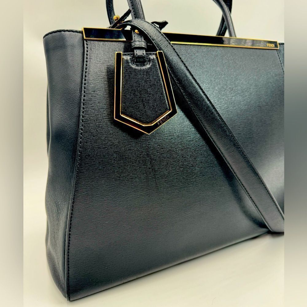 Fendi Medium Black Leather Sac 2Jours Top Handle 2way Tote Bag Preloved Purse - Picture 2 of 14